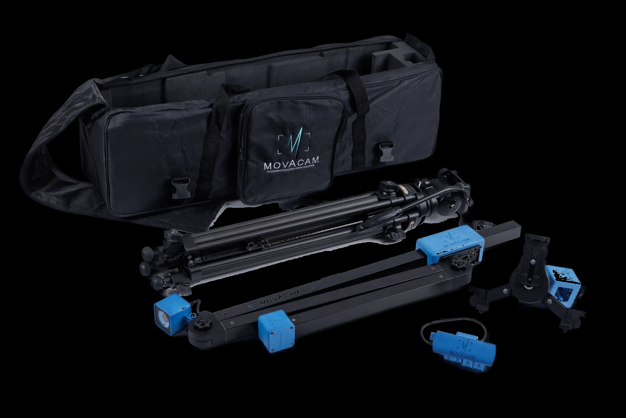 movAcam tripod system with carbon tripods, cameras and carrying bag on black background