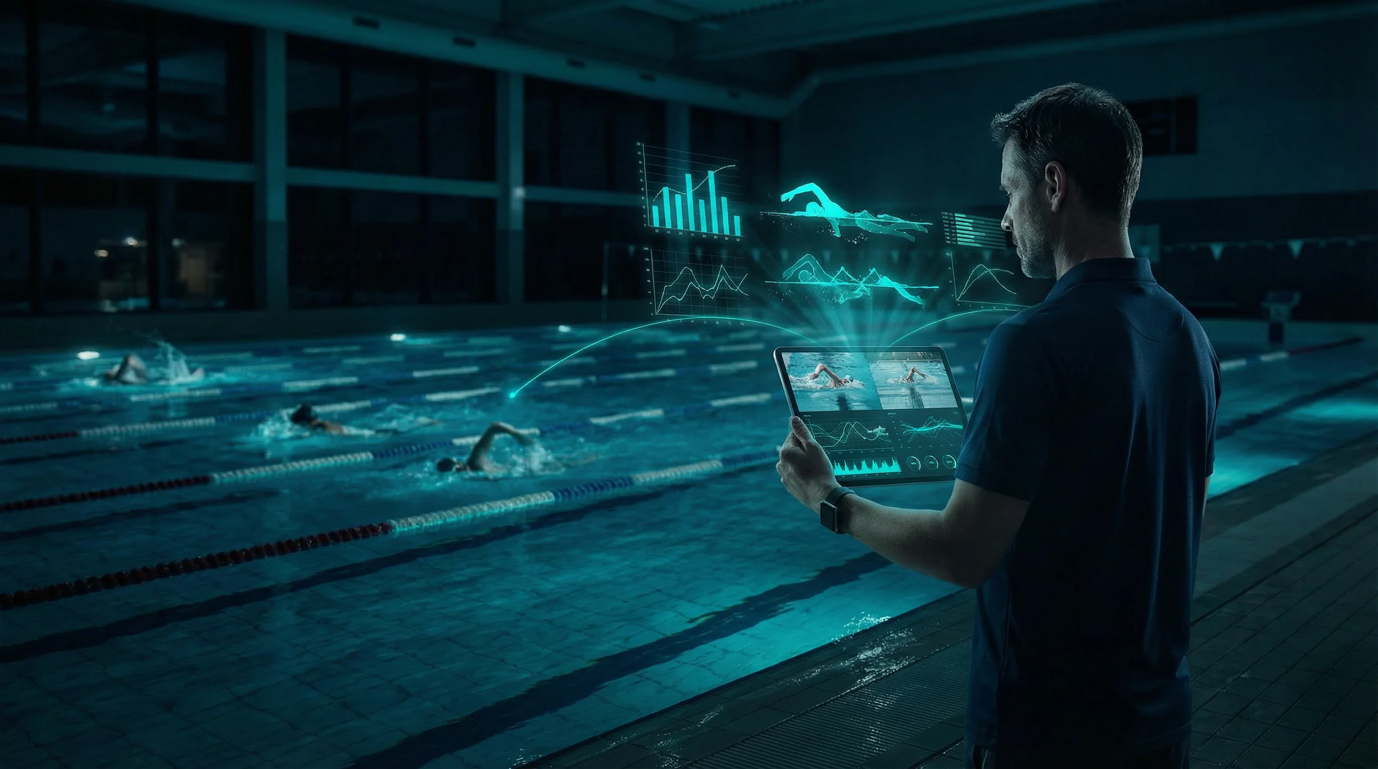 Swimming coach using movAcam tablet for real-time analysis