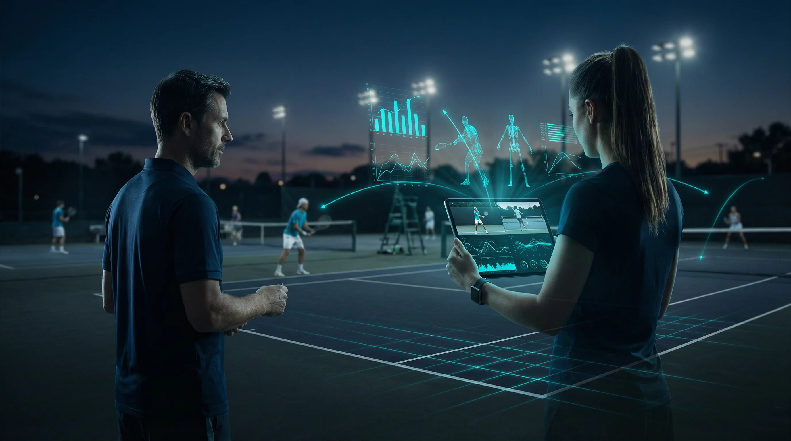 Tennis coach using movAcam tablet for real-time analysis