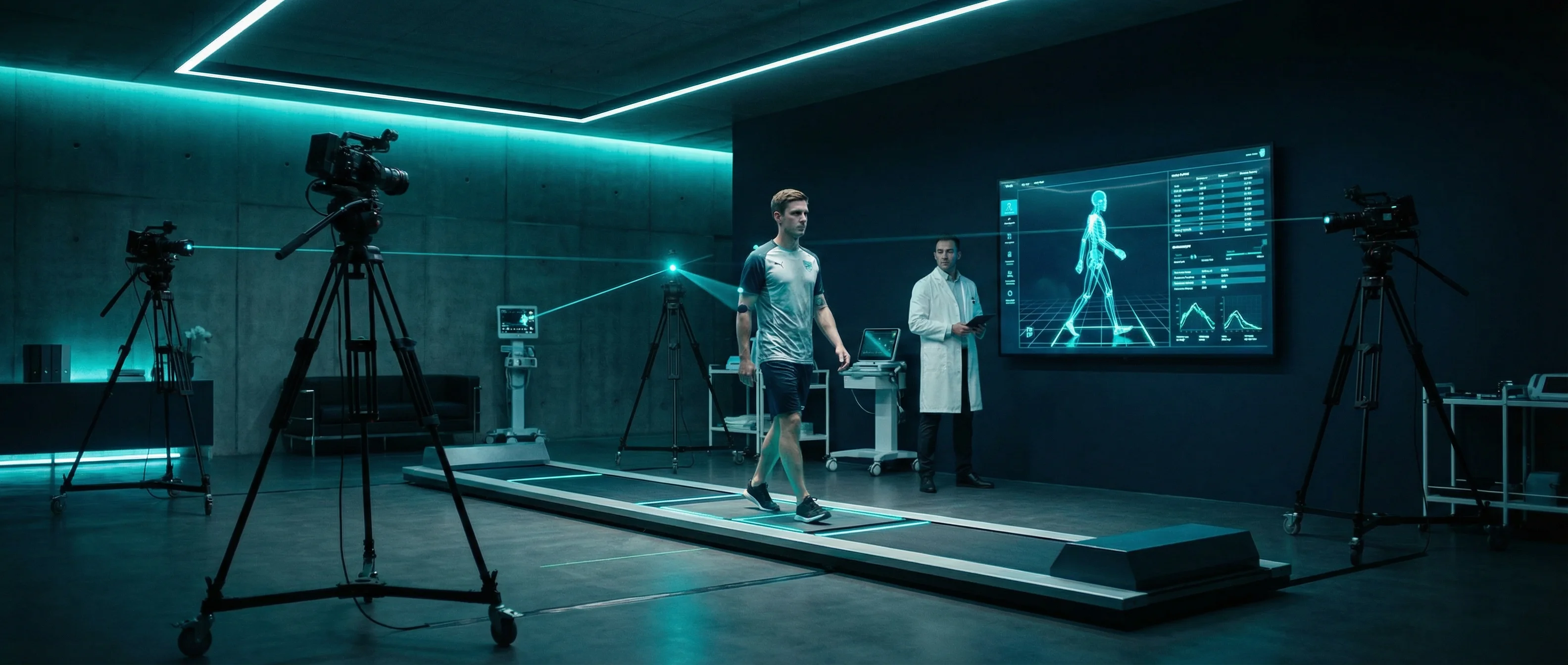 Patient during gait analysis in clinical motion lab with dual-camera system