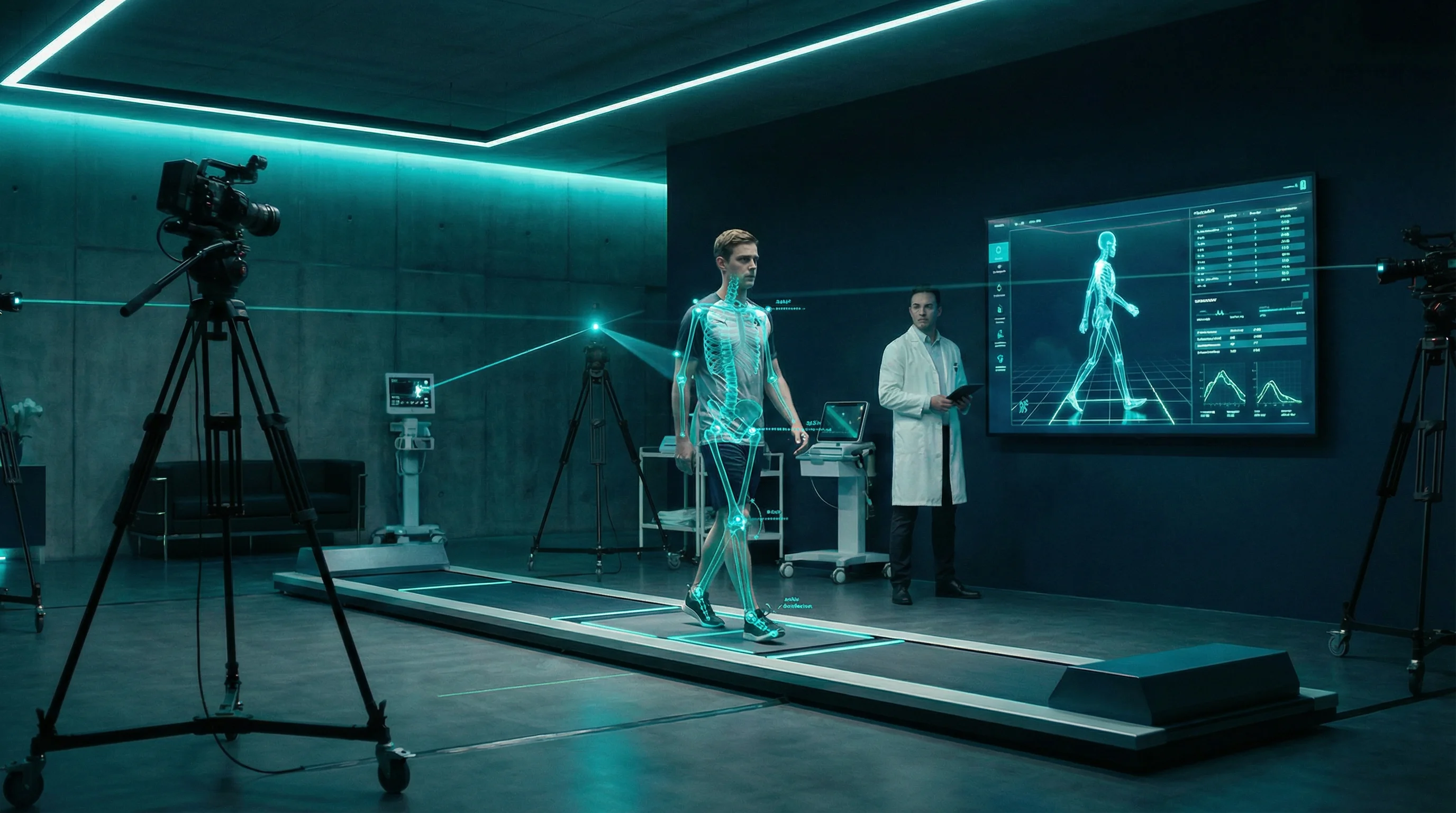 Patient on gait analysis walkway with skeletal overlay and joint angle measurement