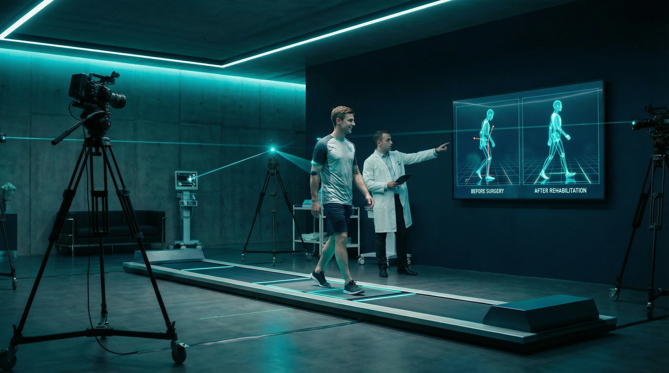 Therapist showing patient before-and-after rehabilitation comparison on screen