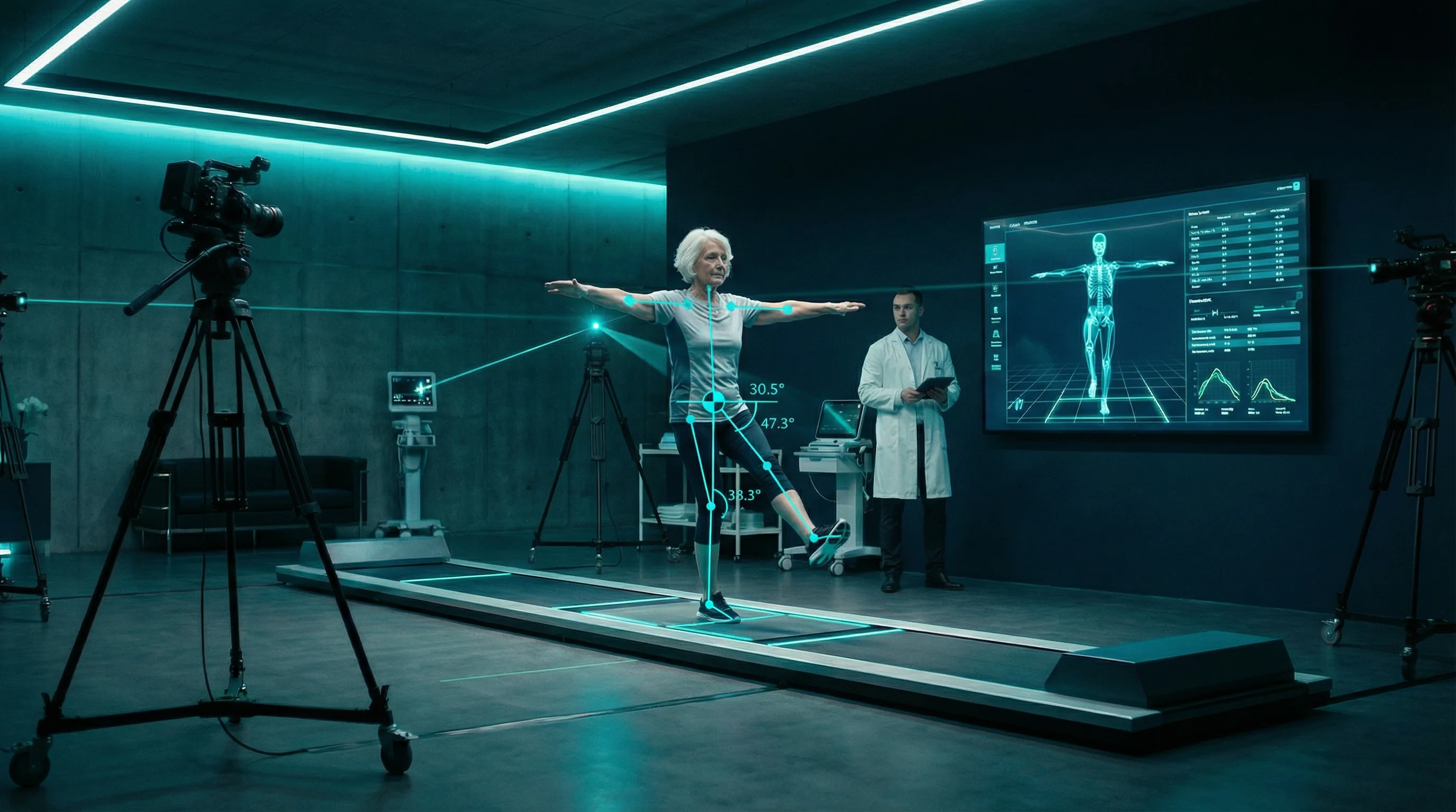 Elderly patient during balance test and fall risk screening with camera analysis