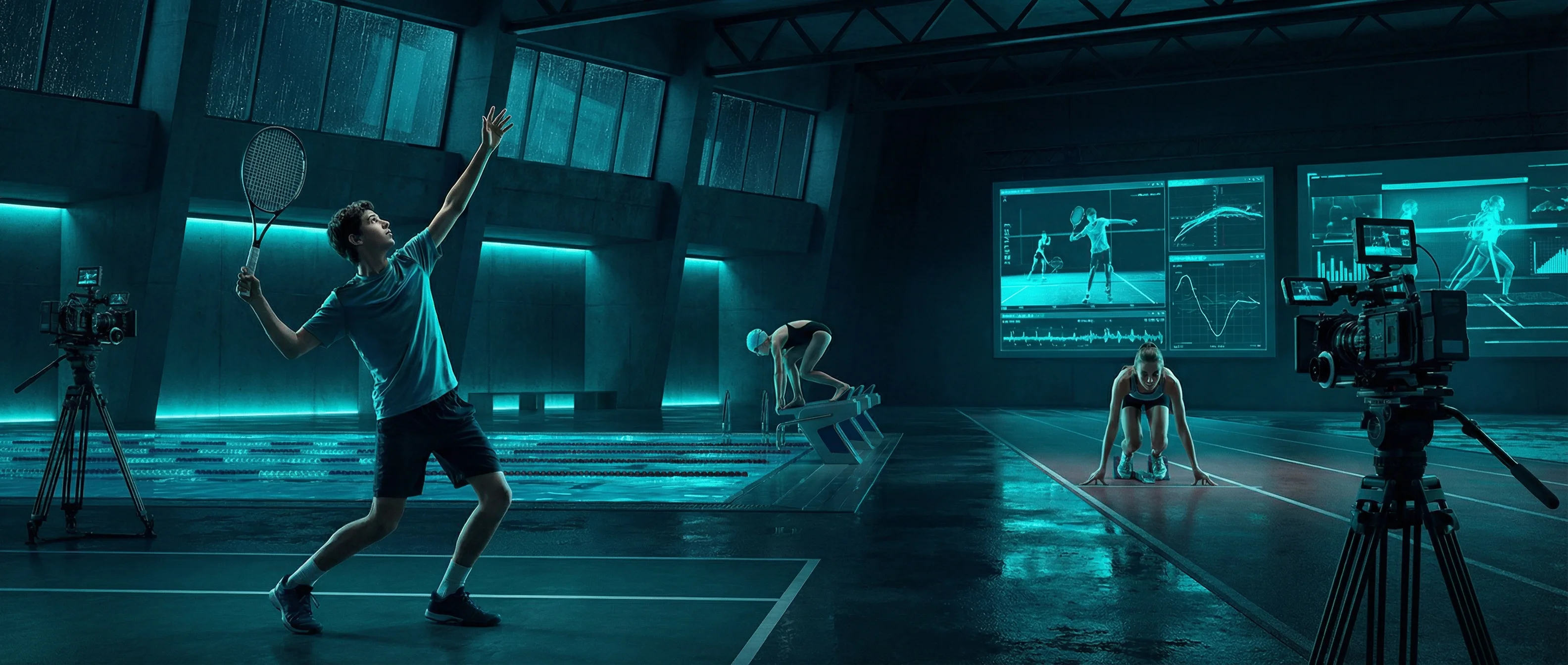 Young athletes from various sports training with camera analysis system