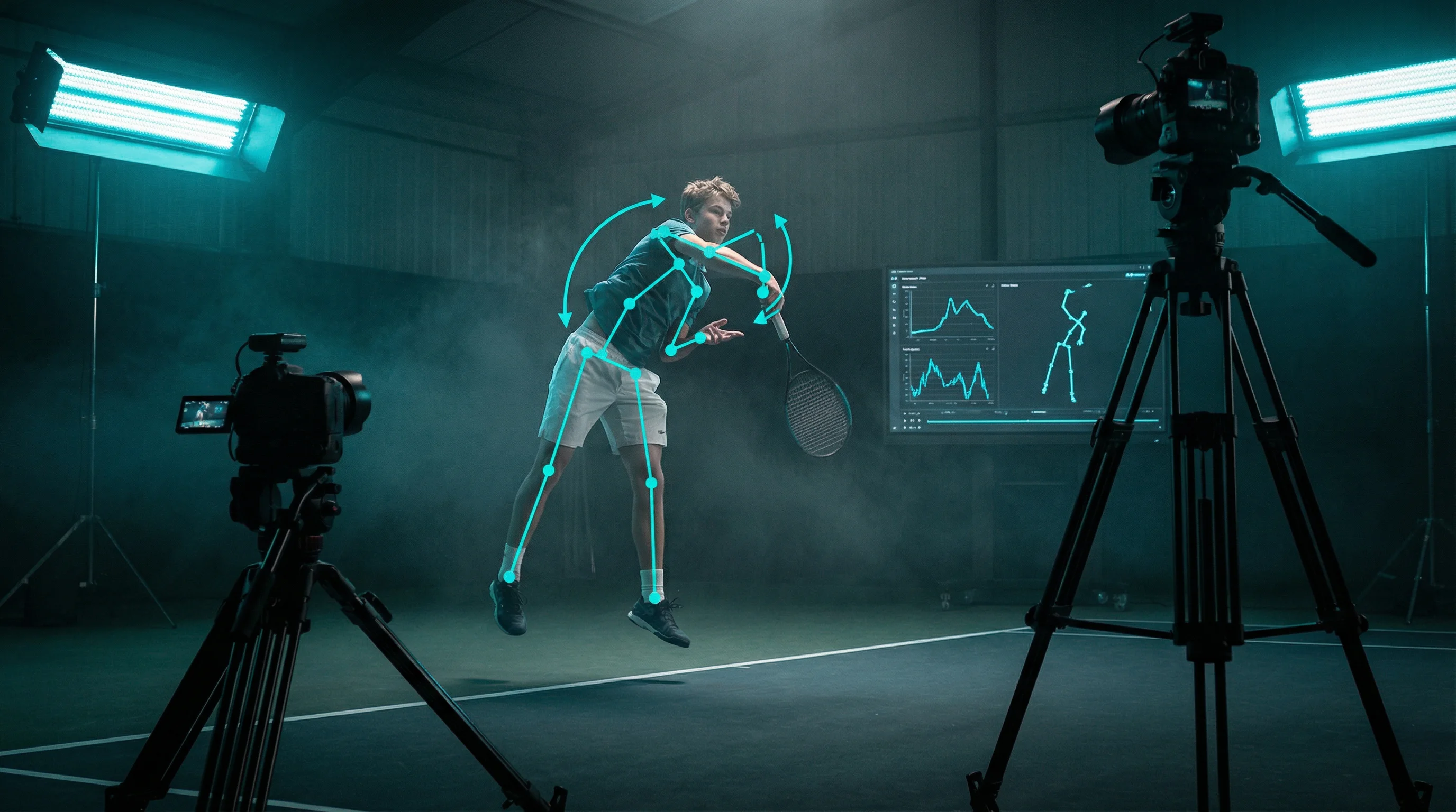 Young tennis player serving with skeleton tracking and joint markers