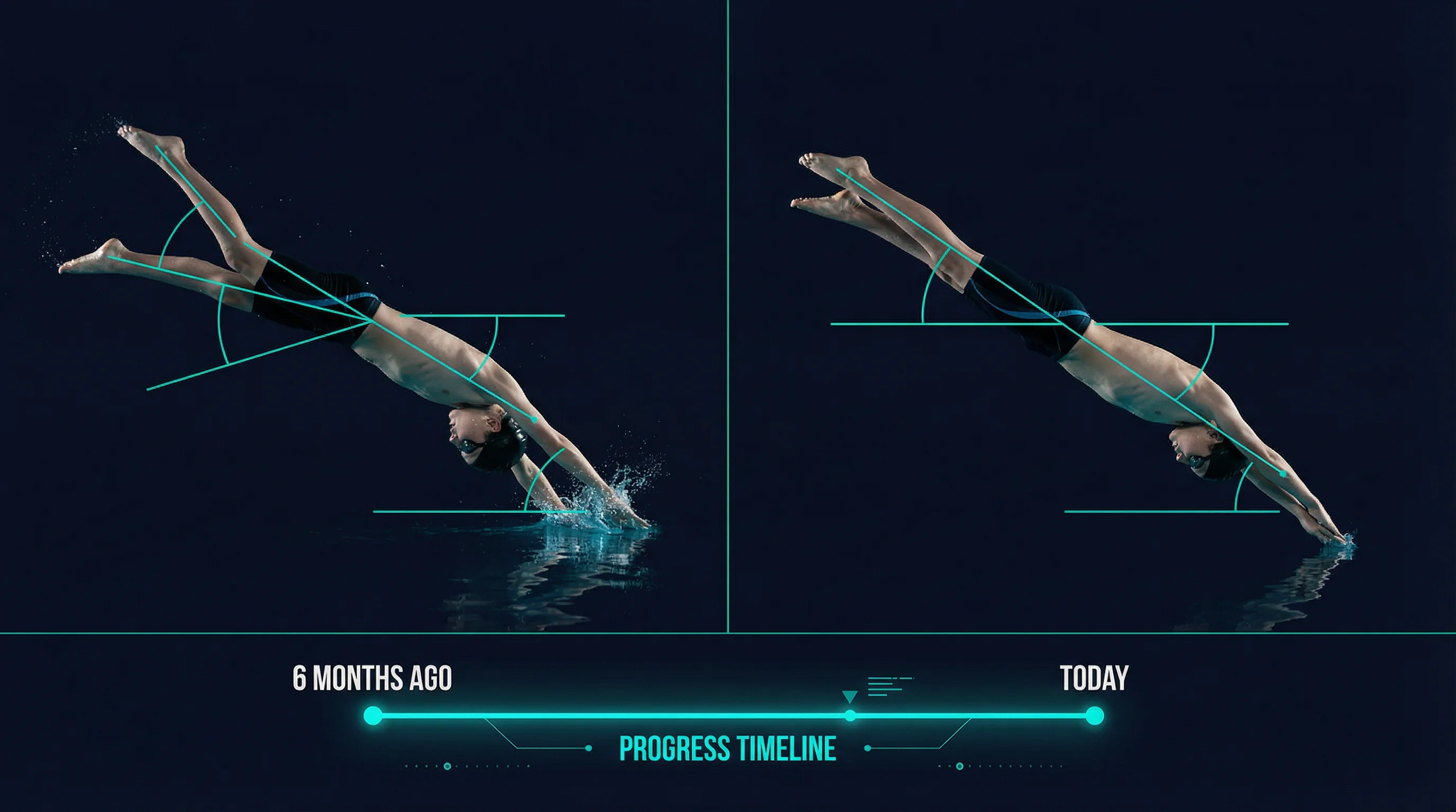 Swimmer before-and-after dive technique comparison with angle analysis